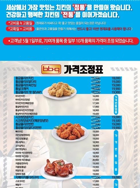 BBQ, 온라인 주문 시 ‘인상된 가격 일괄 적용’ 논란