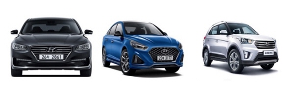 (사진 왼쪽부터)올해 현대자동차 글로벌 전략차인 그랜저IG, 쏘나타 뉴 라이즈, 크레타.