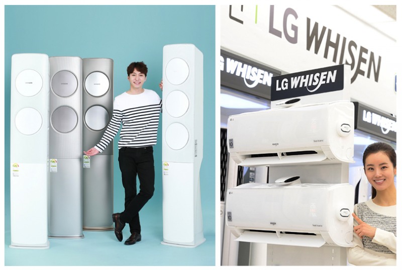 ▲ 삼성전자 모델이 바람 없이 시원한 2017년 ‘무풍에어컨’ 신규 라인업을 소개하고 있다.      ▲ LG전자가 공기청정 기능을 강화한  휘센 벽걸이 에어컨을 출시했다.