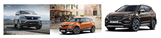 ▲ 쌍용자동차 2017 G4 렉스턴, 르노삼성자동차 2016 QM3, 현대자동차 2018 싼타페.