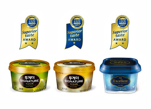 (좌측부터) 빙그레 ‘투게더 시그니처 그린티 라떼’,‘투게더 시그니처 더블샷 바닐라’,‘엑셀런트 바닐라의 꿈’. 빙그레 제공