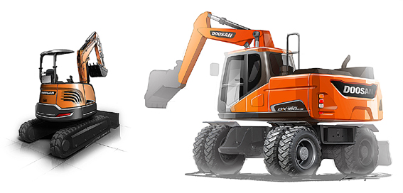 ▲ 7월 31일까지 사전계약을 실시하고 있는 미니굴삭기 ‘DX35Z-5’(사진 왼쪽)과 3단 붐 휠형 굴삭기 ‘DX160W-5K’(사진 오른쪽). 사진 = 두산인프라 코어