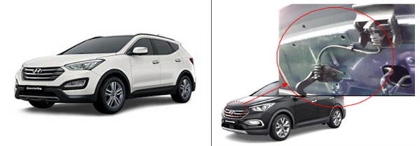 △ 국토교통부로부터 22일 리콜 조치를 받은 싼타페DM(사진 왼쪽)과 리콜 부위인 엔진룸 덮개(사진 오른쪽). 사진=국토교통부