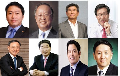 △ 27~28일 문재인 대통령과 첫 회동에 참석하는 재계 총수들. (사진 왼쪽 상단부터) 최태원 SK그룹 회장, 손경식 CJ그룹 회장, 최길선 현대중공업 회장, 권오준 포스코그룹 회장, 황창규 KT 회장, 구본준 LG 부회장, 정용진 신세계 부회장, 함영준 오뚜기 회장.