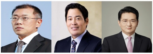△ 27~28일 열리는 '문재인 대통령-기업인과의 대화'에 참가하는 주요 재계 3세.(사진 왼쪽부터) 정의선 현대자동차 부회장, 정용진 신세계 부회장, 조원태 대한항공 사장.