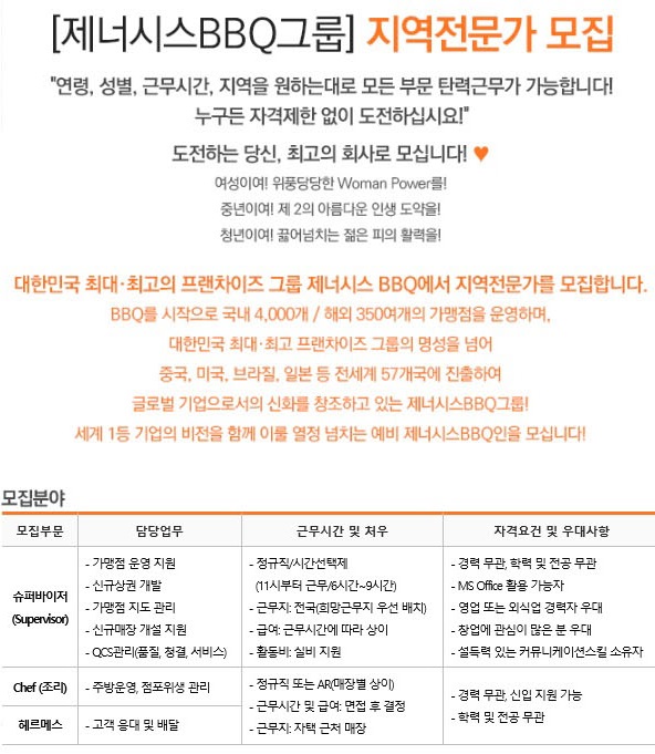 제너시스BBQ, 시니어-경력단절여성 ‘열린 채용’