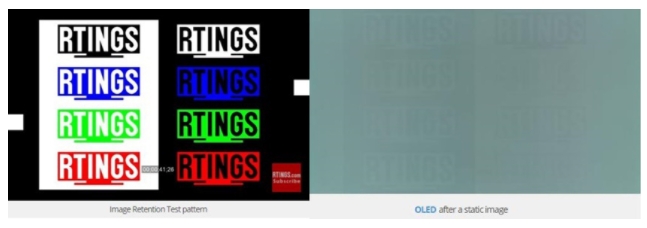 △팅스의 로고를 화면에 10분동안 띄워 놓은 뒤(왼쪽) 잔상을 확인하는 테스트. QLED TV에는 잔상이 남지 않은 반면 OLED TV에는(오른쪽) 잔상이 남았다