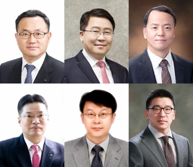 명노현 LS전선 대표이사 사장(윗줄 왼쪽부터 오른쪽으로) , 김연수 LS엠트론 대표이사 사장, 천성복 예스코 대표이사 부사장. (아랫줄 왼쪽부터 오른쪽으로) 김원일 LS메탈 대표이사 부사장, 안원형 LS 인사홍보부문장(부사장), 구본혁 LS-니꼬동제련 사업본부장(부사장). 사진=LS그룹.