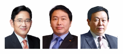 △(왼쪽부터) 이재용 삼성전자 부회장, 최태원 SK그룹 회장, 신동빈 롯데그룹 회장
