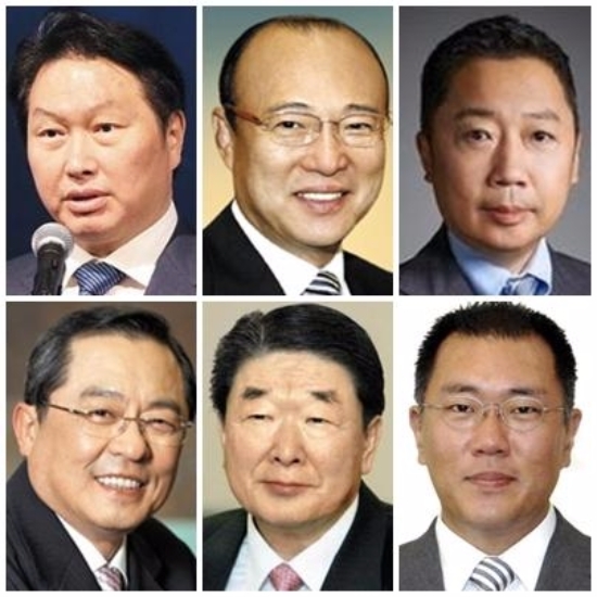 최태원 SK 회장(왼쪽부터), 김승연 한화 회장, 박정원 두산 회장, 정의선 현대차 부회장, 구본준 LG 부회장, 구자열 LS 회장. 사진=각사.