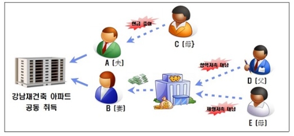 부모가 자식 명의의 각종 저축예금 등을 대납하고 자식은 이를 원천으로 강남 고가 재건축 아파트 취득한 사례. 자료=국세청.