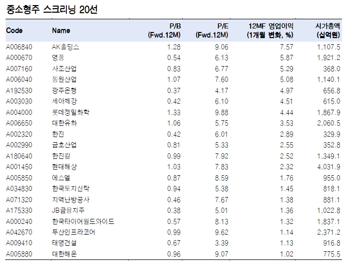 코스피 중소형주 스크리닝 20선./자료=한국투자증권