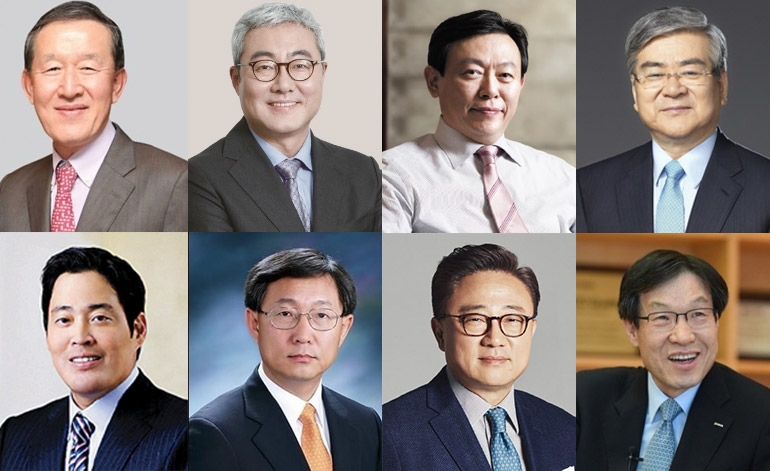 허창수 GS그룹 회장(윗열 왼쪽부터), 김준 SK수펙스추구협의회 커뮤니케이션위원장, 신동빈 롯데그룹 회장, 조양호 한진그룹 회장, 정용진 신세계그룹 부회장, 양웅철 현대자동차그룹 부회장, 고동진 삼성전자 사장(무선사업(IM)부문장), 권오준 포스코 그룹 회장. 사진=각사.