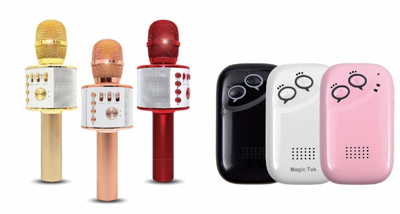 ▲ 세븐일레븐에서 출시된 휴대용 블루투스 마이크 ‘지니103 무선마이크’(좌)와 음성 통역기 ‘매직톡’ 설 선물세트. 사진 = 코리아세븐