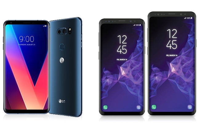 ▲사진 : LG 'V30아이코닉', 삼성 '갤럭시S9'과 '갤럭시S9플러스'