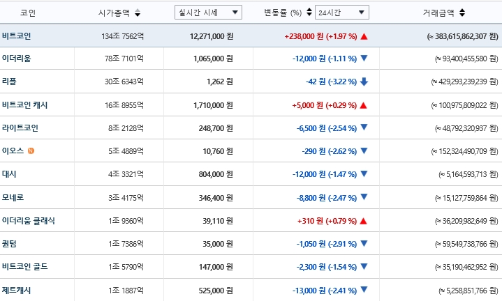 가상화폐 시세(19일 오전 7시 20분 기준)./자료=빗썸
