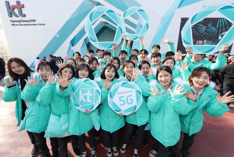 △KT 강릉 ‘5G 커넥티드’ 전시 요원들이 홍보관의 성공적인 마무리를기원하며 다짐하고 있는 모습