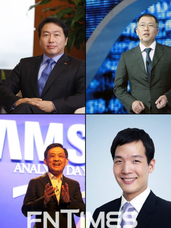 최태원 SK그룹 회장(첫번째 왼쪽부터 아래), 정의선 현대차그룹 부회장, 권오현 삼성전자 회장, 김동원 한화생명 상무. 사진=각사.