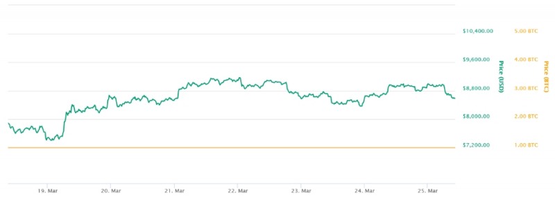 비트코인 시세 추이(3월19~25일)./자료=코인마켓캡