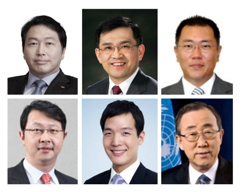 △(왼쪽부터 시계 방향) 최태원 SK그룹 회장, 권오현 삼성전자 회장, 정의선 현대차그룹 부회장, 반기문 전 UN 사무총장, 김동원 한화생명 상무, 최재원 SK 부회장