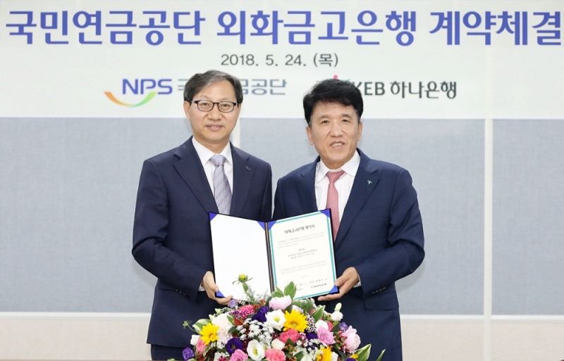 KEB하나은행은 24일 전주시 소재 국민연금공단 연금홀에서 국민연금공단과 외화금고은행 업무 수행을 위한 계약을 체결했다고 밝혔다. 계약 체결식 후 함영주 KEB하나은행장(사진 오른쪽)이 김성주 국민연금공단 이사장(사진 왼쪽)과 기념촬영을 하고 있다. / 사진= KEB하나은행