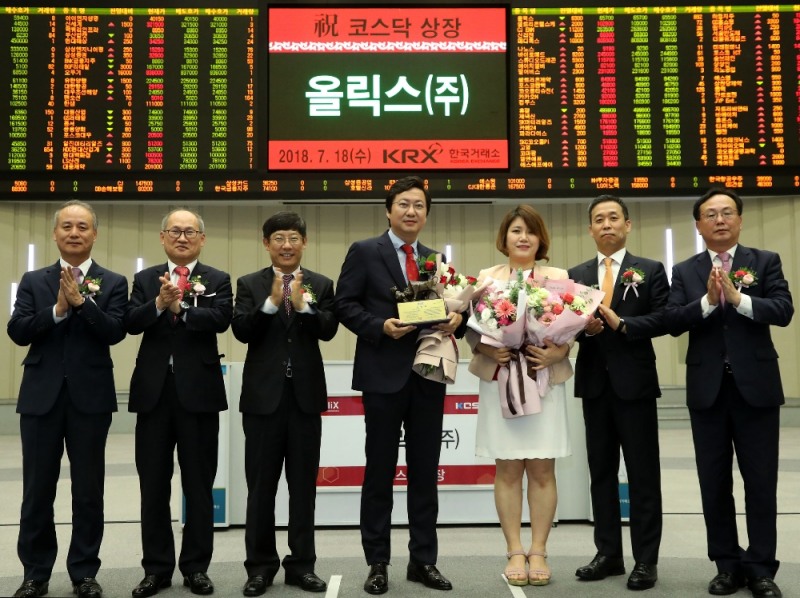 한국거래소 코스닥시장본부는 18일 오전 서울 여의도 거래소 서울사옥 홍보관에서 자가전달비대칭소간섭리보핵산(siRNA) 기반 핵산치료제 개발사업을 영위하는 올릭스의 신규상장 기념식을 개최했다. (왼쪽부터) 최규준 한국IR협의회 부회장, 정규상 성균관대학교 총장, 정운수 한국거래소 코스닥시장본부장, 이동기 올릭스 대표이사, 김소연 피씨엘 대표이사, 윤병운 NH투자증권 IB1사업부대표, 송윤진 코스닥협회 부회장. 사진=한국거래소