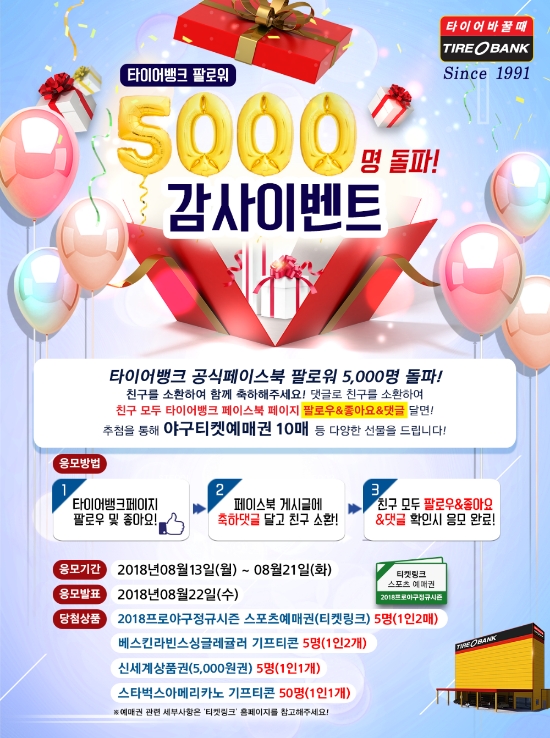 타이어뱅크, 페이스북 팔로워 5000명 돌파 기념 이벤트 실시