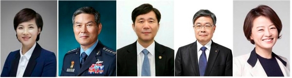 ▲(왼쪽부터)유은혜 사회부총리 겸 교육부장관 후보자, 정경두 국방부 장관 후보자, 성윤모 산업통상자원부 장관 후보자, 이재갑 고용노동부 장관 후보자, 진선미 여성가족부 장관 후보자./사진=청와대