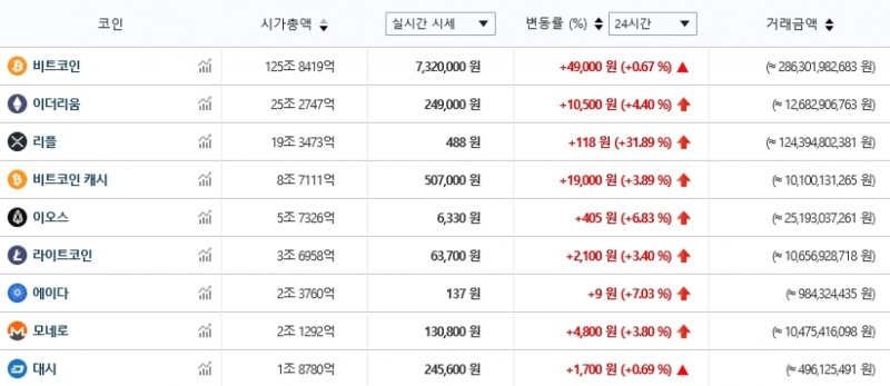 가상화폐 시세(21일 오전 10시 19분 기준)./자료=빗썸