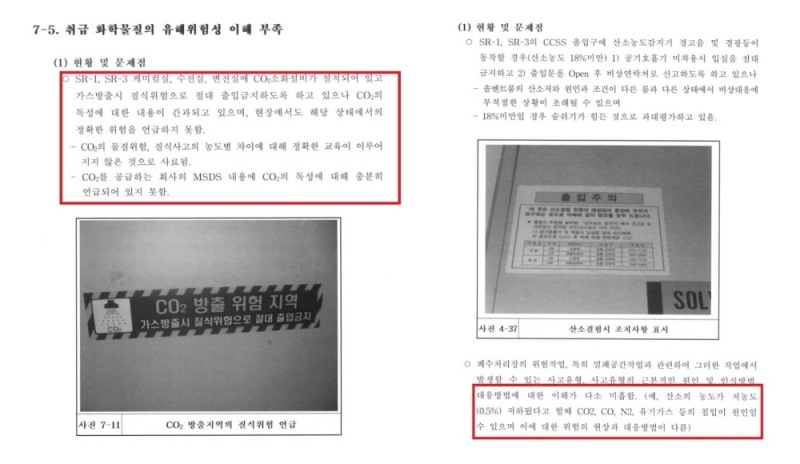 △2013년 ‘종합진단보고서’ 중 소화설비 및 이산화탄소 지적 부분