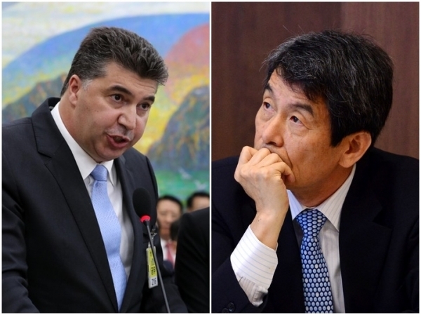 카허 카젬 한국GM 사장(왼쪽)과 이동걸 산업은행 회장. 사진=각사.