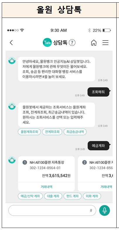 올원뱅크 3.0 올원 상담톡 서비스 / 자료= 농협은행