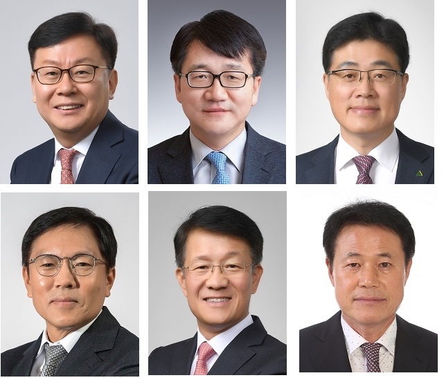 (왼쪽부터 시계방향으로) 박승용 현대중공업 신임 부사장, 노진율 현대중공업 신임 부사장, 한환규 현대오일뱅크 신임 부사장, 유영호 현대삼호중공업 신임 부사장, 주영민 현대쉘오일 신임 부사장, 정해원 현대케미칼 신임 부사장.