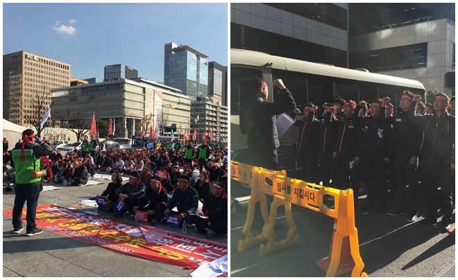 13일 광화문 광장에서 카드 수수료 차별을 주장하는 가맹점 연합회(왼쪽)와 12일 여의도 더불어민주당 당사 앞에서 차등 수수료 도입을 주장하는 카드노조. / 사진 = 유선희 기자