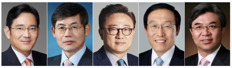 △(왼쪽부터)이재용 부회장, 이상훈 이사회 의장, 고동진·김기남·김현석 대표이사(사장)