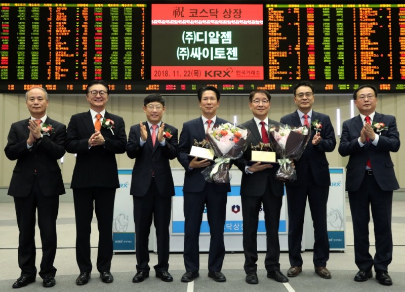 한국거래소 코스닥시장본부는 22일 오전 서울사옥 홍보관에서 진단용 X-레이 시스템 개발업체인 디알젬과 CTC기반 액체생검 플랫폼 개발업체인 싸이토젠의 코스닥시장 신규상장기념식을 개최했다. (왼쪽부터) 최규준 한국IR협의회 부회장, 유상호 한국투자증권 대표이사, 정운수 한국거래소 코스닥시장본부장, 박정병 디알젬 대표이사, 전병희 싸이토젠 대표이사, 이현 키움증권 대표이사, 송윤진 코스닥협회 부회장. 사진=한국거래소