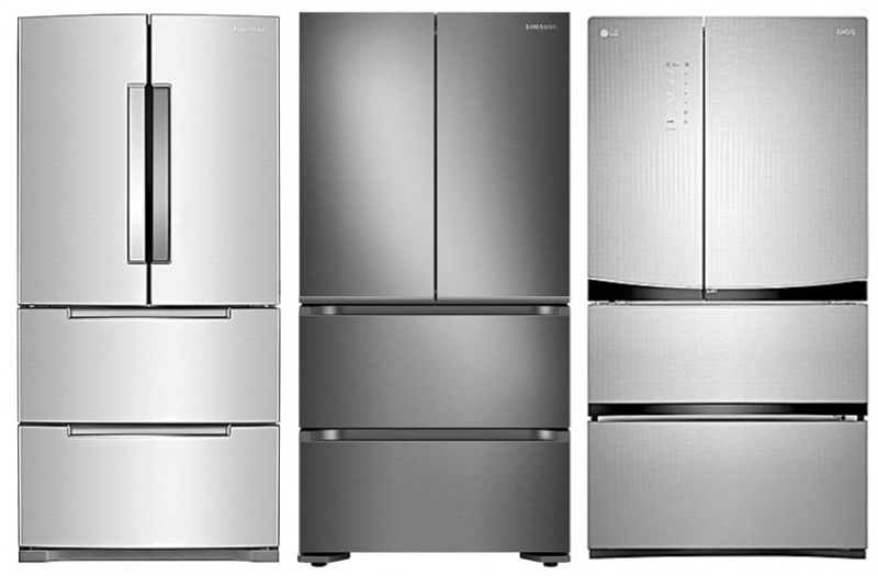 △ 대유위니아 ‘딤채’ 스탠드형, 삼성전자 ‘김치플러스’ 스탠드형, LG 디오스 ‘김치톡톡’ 스탠드형(왼쪽부터)