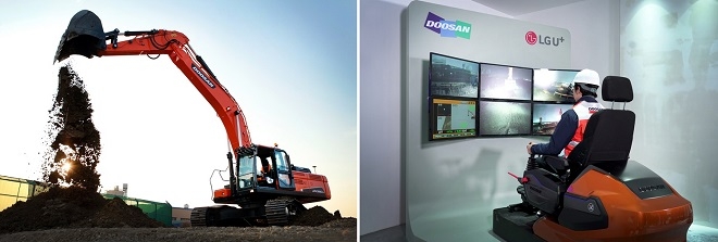 두산인프라코어는 오는 27일 중국 상하이에서 열리는 ‘바우마 차이나’를 통해 인천에 위치한 굴삭기를 상하이 전시 현장에서 원격으로 조종하는 ‘건설기계 5G 원격제어 기술’을 처음 공개한다. 출처=두산인프라코어.