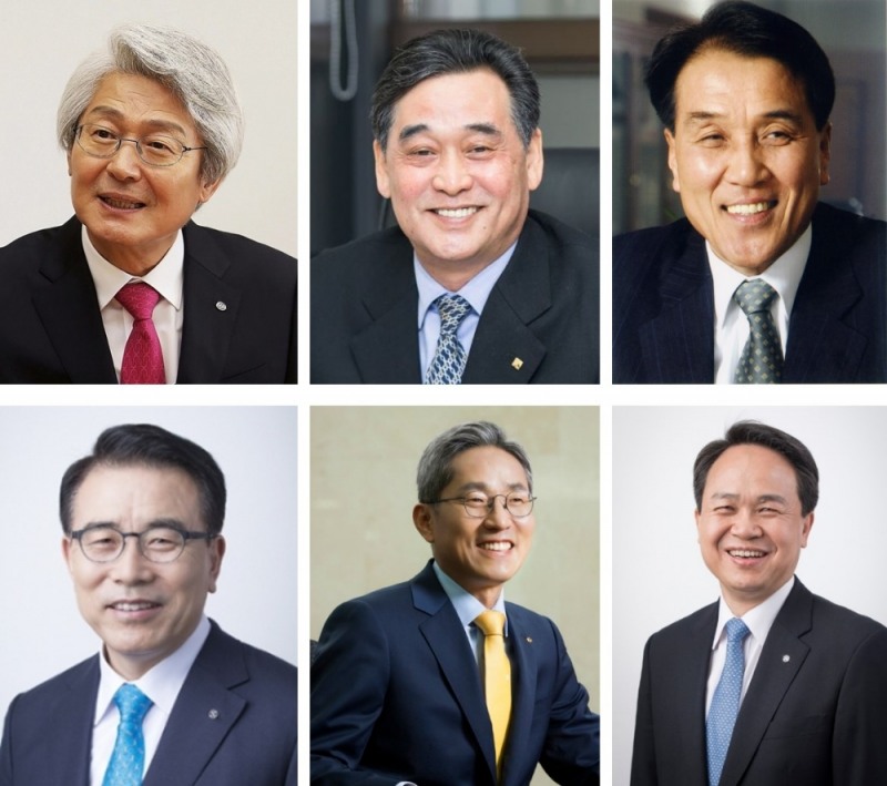 (위 왼쪽부터 시계방향으로) 김태오 DGB금융 회장, 김기홍 JB금융 회장 내정자, 김지완 BNK금융 회장, 진옥동 신한은행장 내정자, 윤종규 KB금융 회장, 조용병 신한금융 회장./사진=각 사