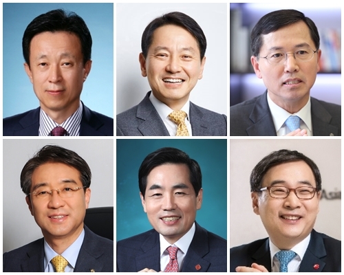 (왼쪽 위부터 시계방향) 김덕수 여신금융협회장, 원기찬 삼성카드 사장, 임영진 신한카드 사장, 이문환 BC카드 사장, 김창권 롯데카드 사장, 이동철 KB국민카드 사장. / 사진 = 여신금융협회, 각 사