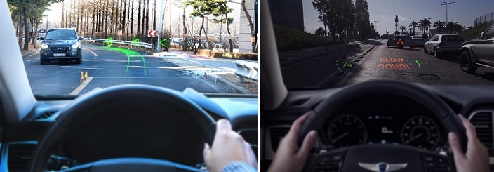홀로그램 증강현실 내비게이션 실제 작동 모습(왼쪽)과 가상 이미지. (사진=현대차)