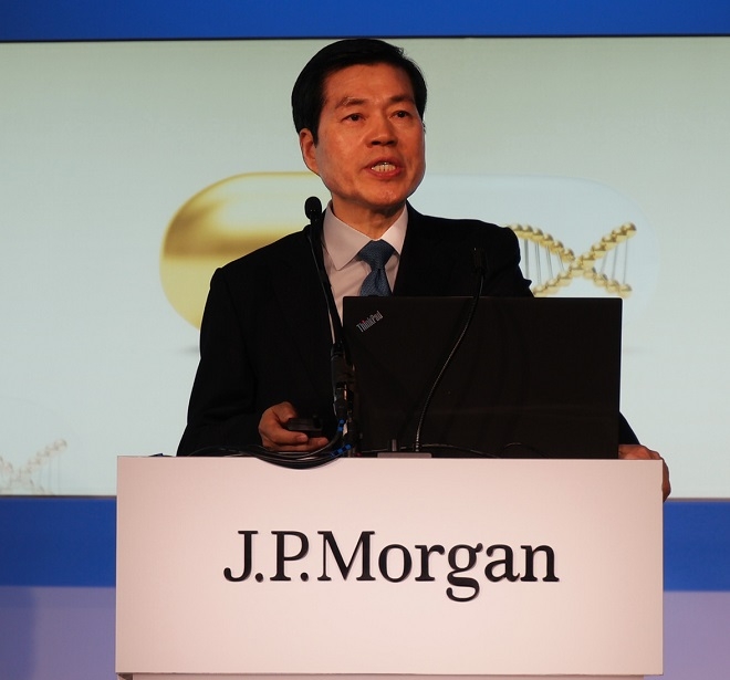 김태한 삼성바이오로직스 사장이 JP모건 컨퍼런스에서 발표를 하고 있다. (사진=삼성바이오로직스)