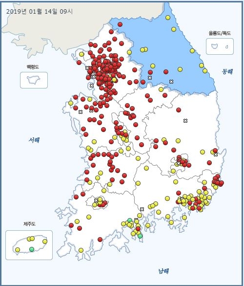 △14일 오전 기준 전국 미세먼지-초미세먼지 현황 / 자료=한국환경공단 에어코리아