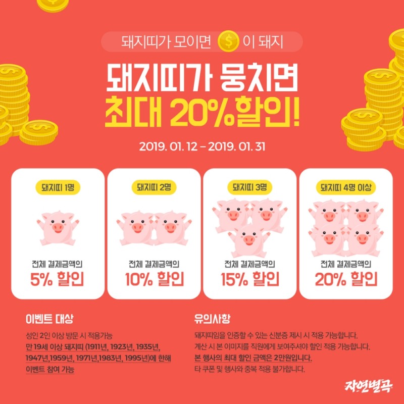 이랜드 자연별곡, "돼지띠 고객 뭉치면 최고 20% 할인"