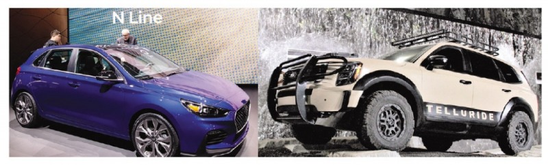 ▲ 디트로이트 모터쇼에서 공개된 i30 N Line(미국명:엘란트라 GT N Line)과 커스터마이징 버전 텔루라이드. 사진=현대차, 기아차