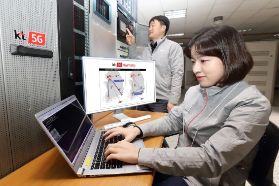 △KT직원들이 5G 백본망에 메시 구조를 적용하고 테스트하고 있다/사진=KT