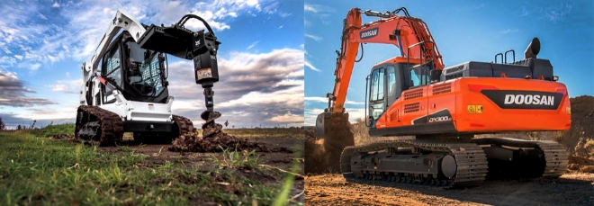 두산밥캣 콤팩트 트랙 로더 T590(왼쪽)과, 두산인프라코어 중형굴삭기 DX300LC (사진=두산인프라코어)