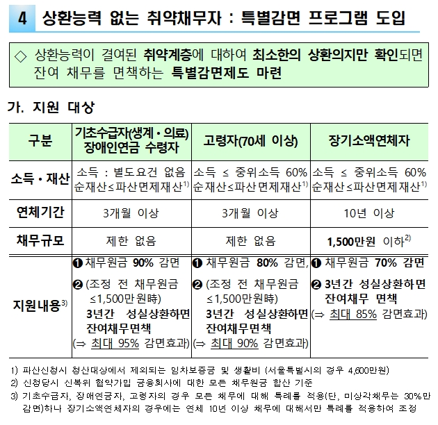 상환 무능력 장기 채무자 특별감면 / 자료= 금융위원회