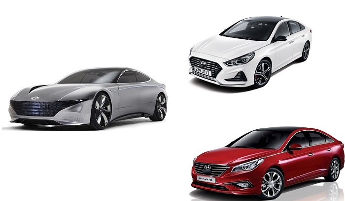 르 필 루즈(왼쪽), LF쏘나타 뉴 라이즈(오른쪽 위), LF쏘나타. (사진=현대차)