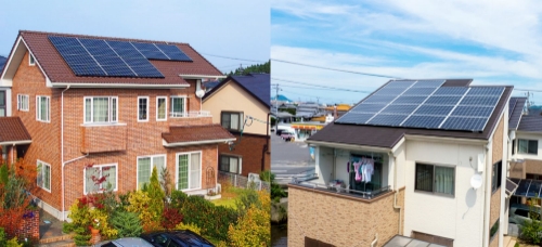 일본 미야기 현(좌), 에히메 현(우) 주택에 설치된 한화큐셀 큐피크 모듈 (사진=한화큐셀)